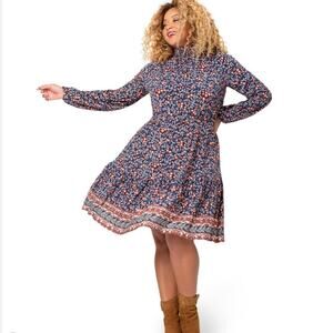 NWT Leota Forest Floral Print Olive Boho print Dress sz 1X long sleeve floral